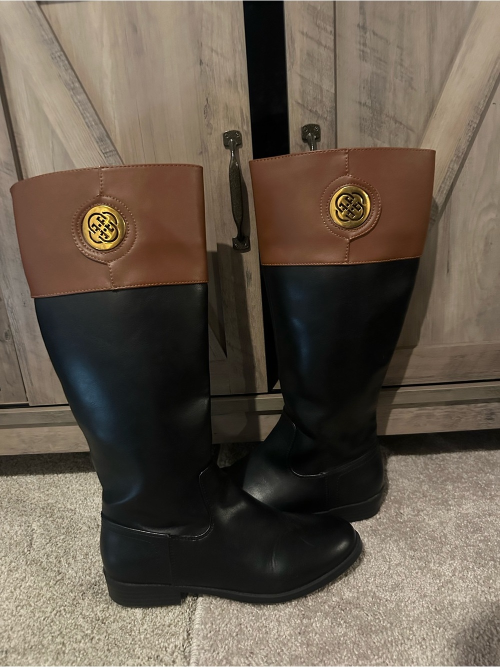 Tory Burch Black and Brown Tall Riding Boots with Gold Emblem